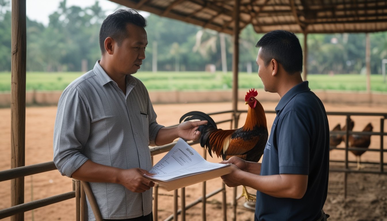 Seorang pria berbincang dengan penyelenggara di dekat arena dan ayam jantan dalam kandang.
