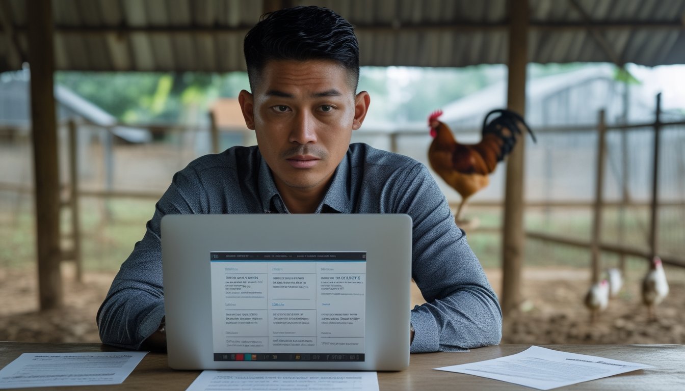 Seorang pemula memeriksa dokumen dan laptop di dekat kandang ayam.