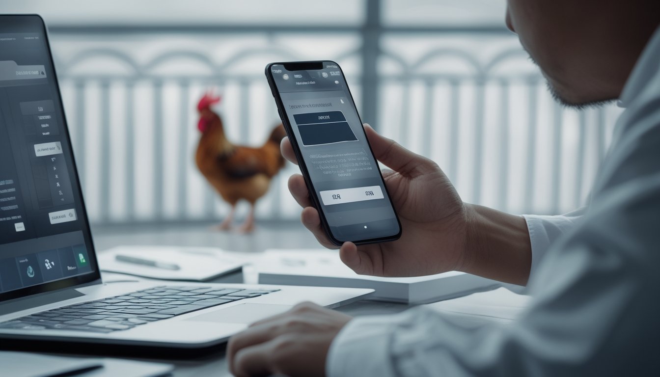 Seseorang dengan cermat meninjau transaksi di ponsel, sementara seekor ayam jantan tampak di kejauhan.