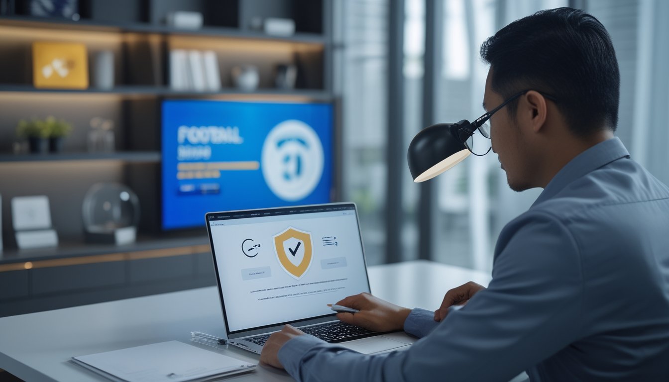 Seorang profesional memeriksa situs sepak bola di laptop dengan ikon verifikasi, sementara pertandingan sepak bola terlihat di televisi.