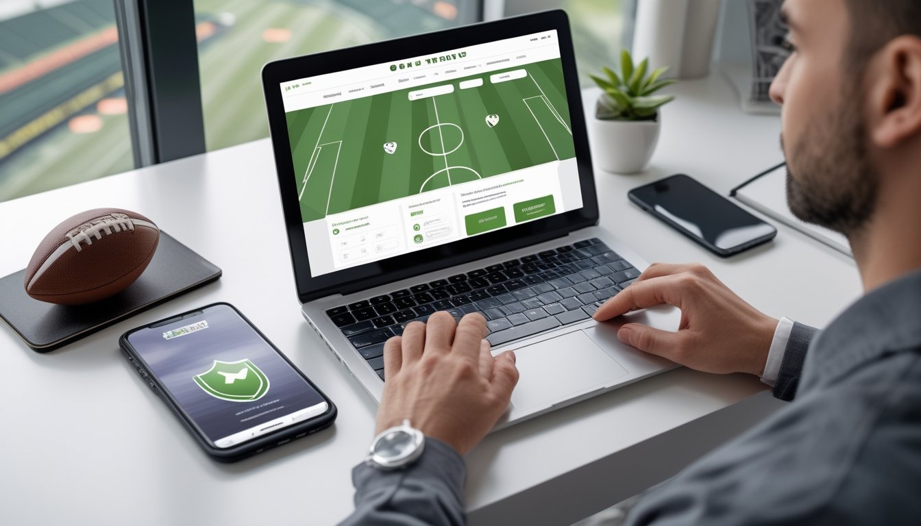 Seseorang memeriksa situs bertema sepak bola melalui laptop di meja.