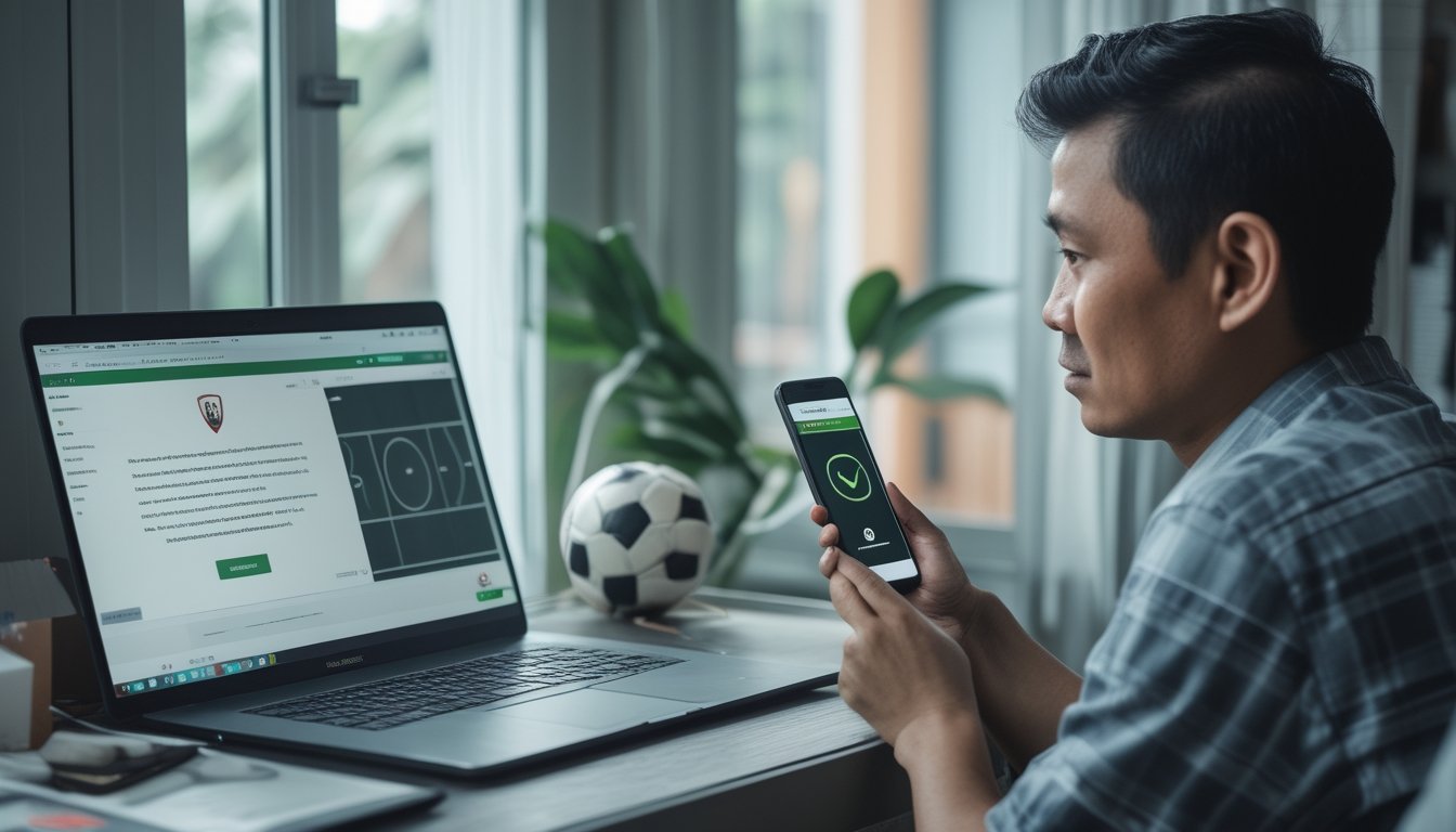 Seorang pembaca di Indonesia memeriksa situs sepak bola melalui laptop dan ponsel.