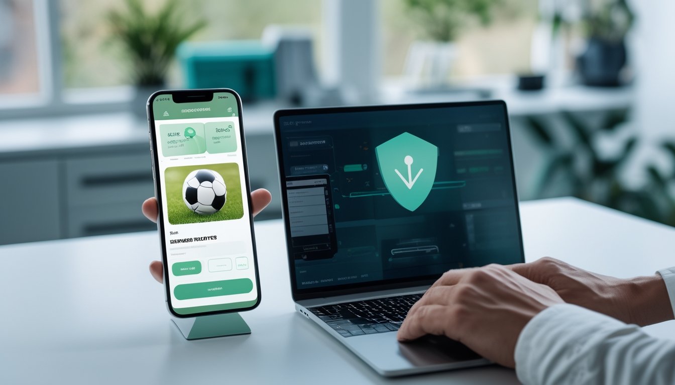 Seseorang menggunakan ponsel dan laptop dengan ikon perisai digital di meja kerja.