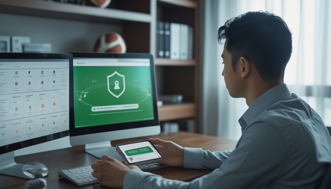 Seorang pengguna Indonesia memeriksa laptop dan ponsel di meja kerja.