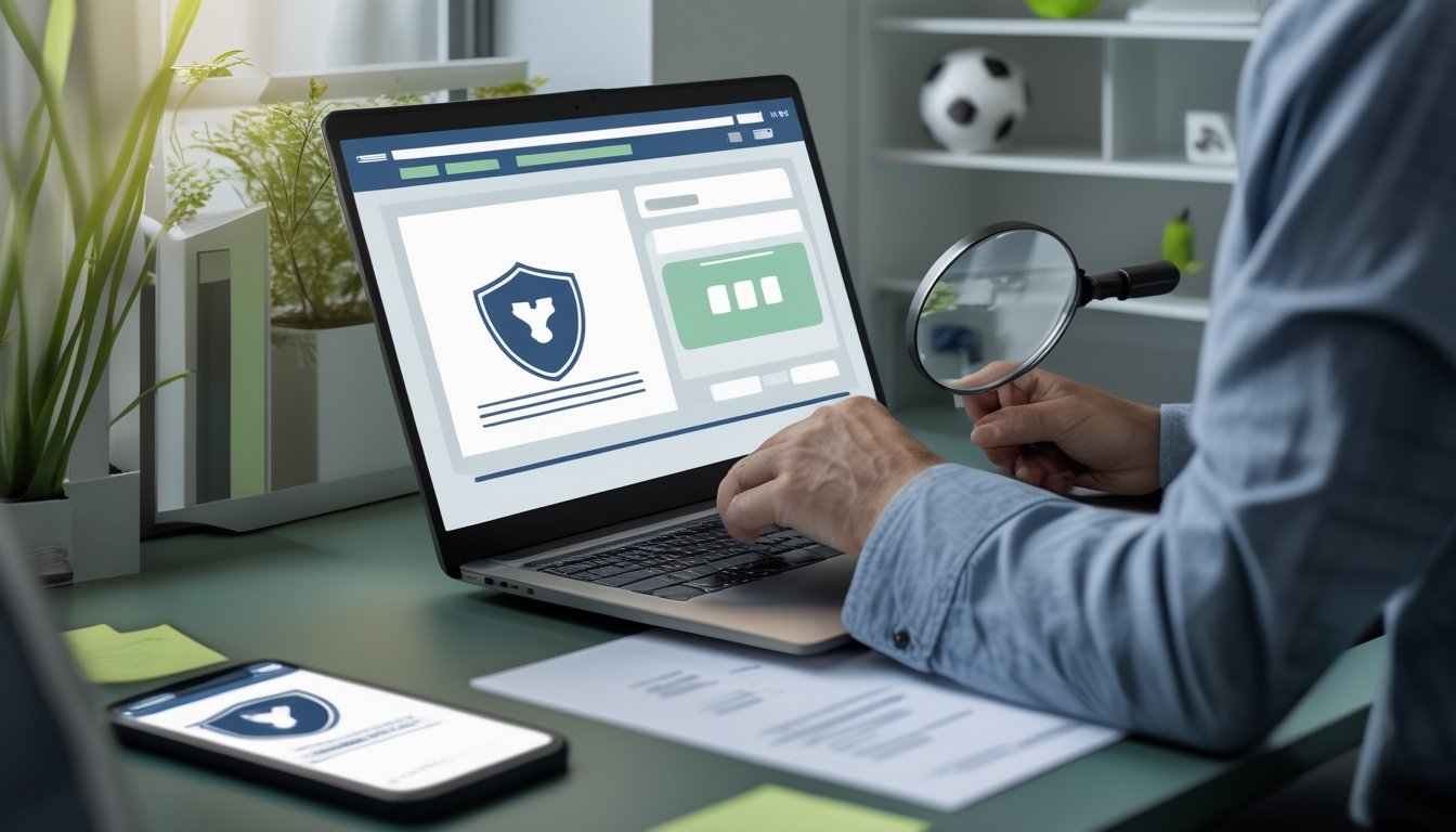 Seseorang memeriksa situs taruhan bola di laptop dengan dokumen dan kaca pembesar di meja.