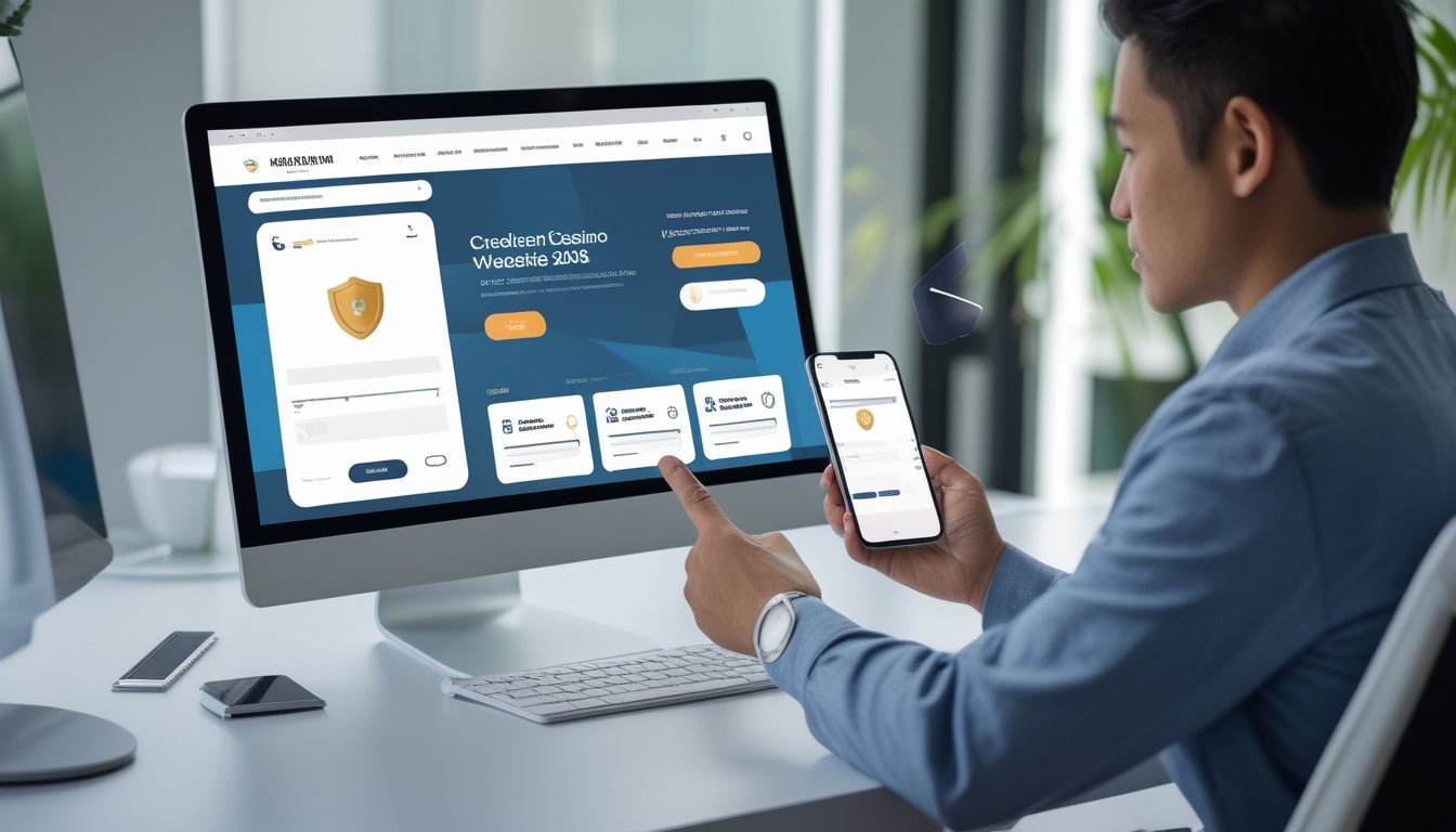 Seorang profesional memeriksa situs kasino online melalui laptop dan ponsel.