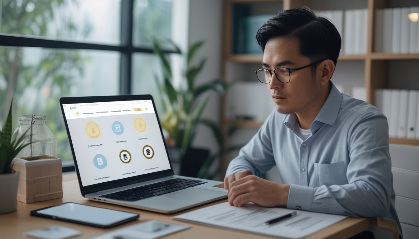 Seorang dewasa Indonesia memeriksa situs di laptop dengan dokumen dan buku hukum di meja.