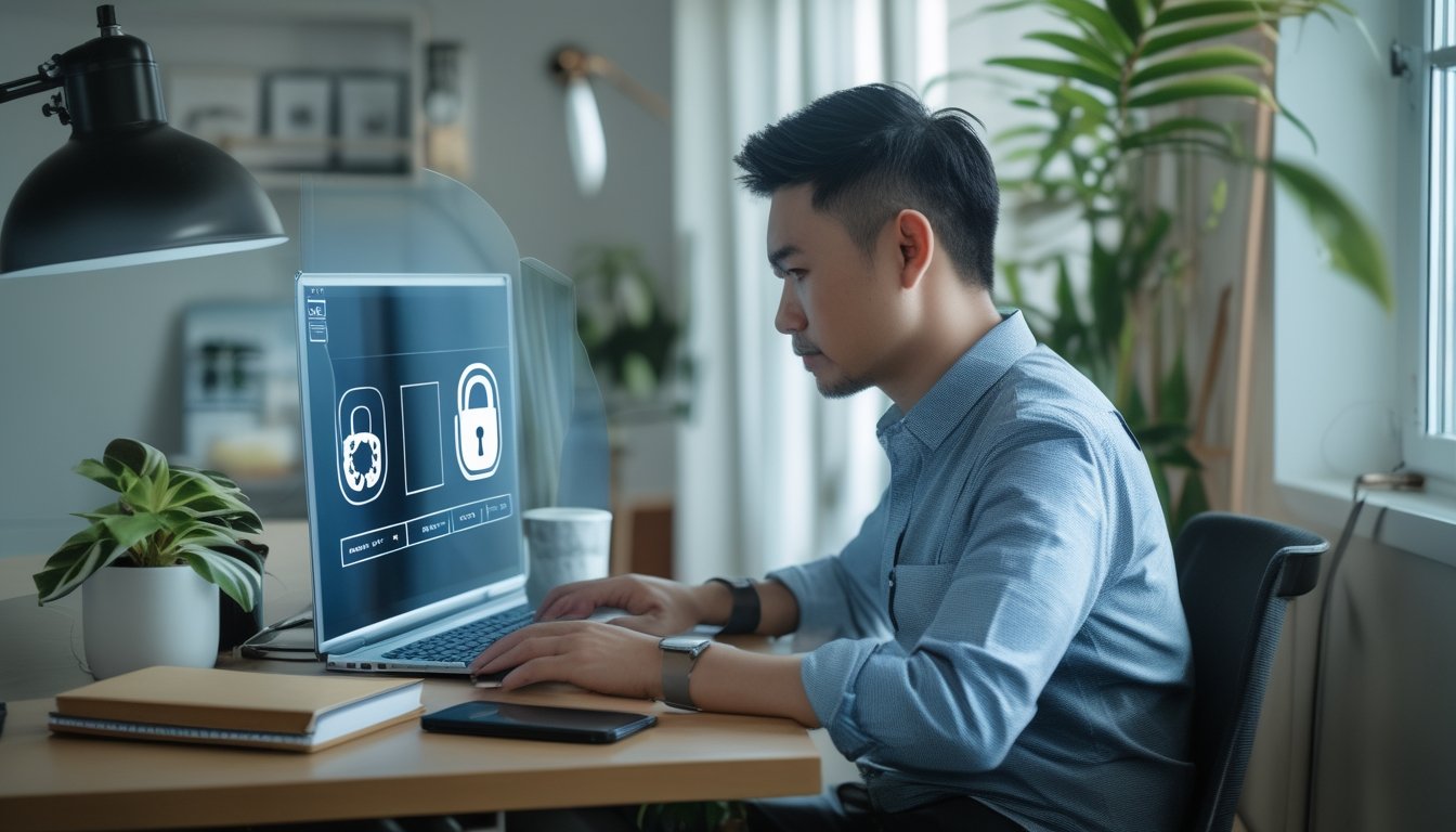 Seorang dewasa Indonesia meninjau laptop di meja dengan ekspresi penuh pertimbangan.