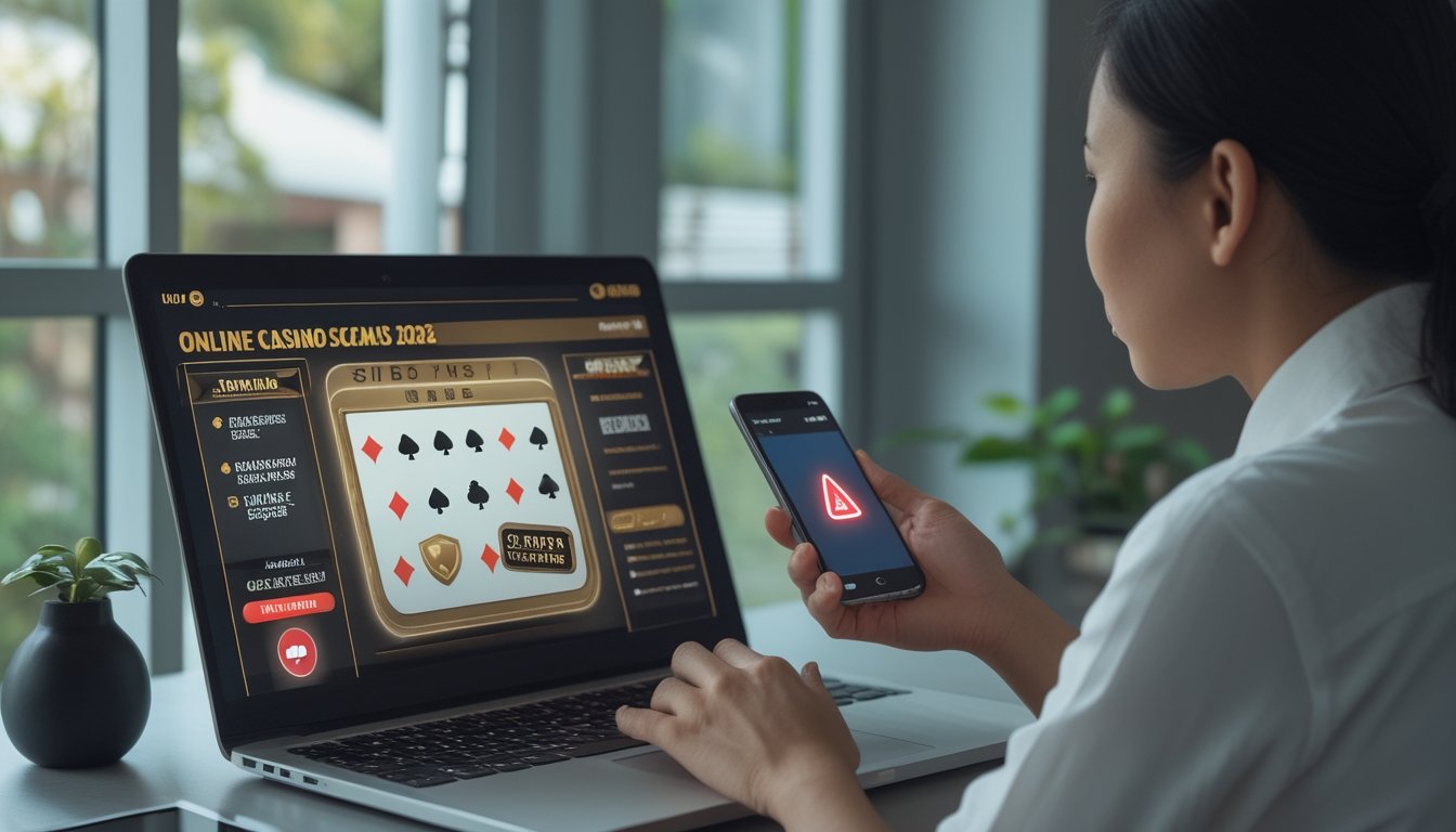 Seseorang berhati-hati saat melihat laptop dan ponsel dengan simbol peringatan.