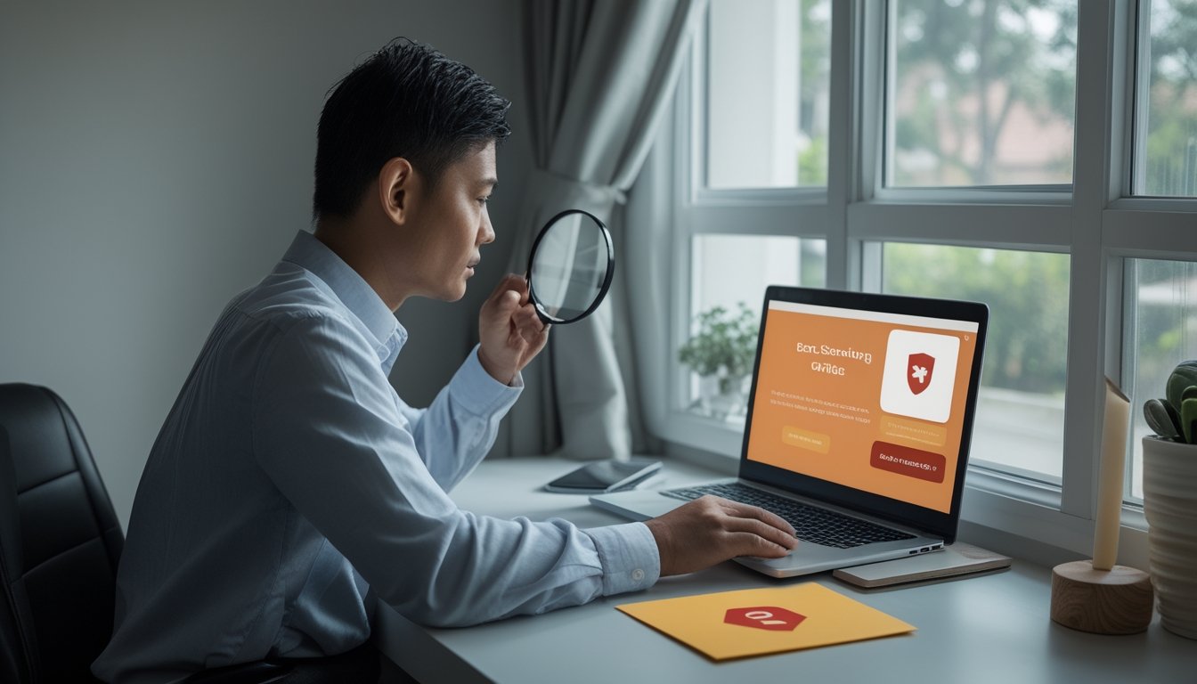 Seorang konsumen memeriksa penawaran mencurigakan di laptop dengan bantuan simbol keamanan digital.