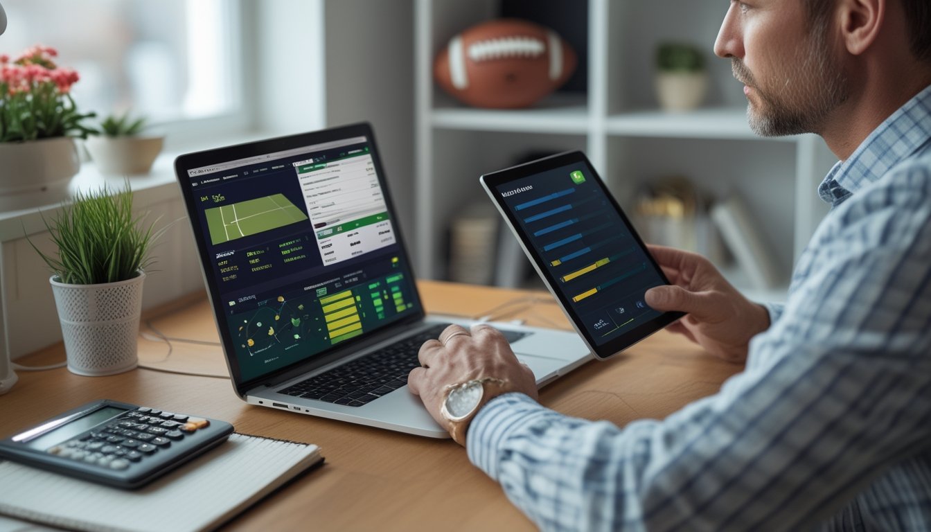 Seorang penggemar sepak bola meninjau pertandingan dan data probabilitas di laptop dan tablet.