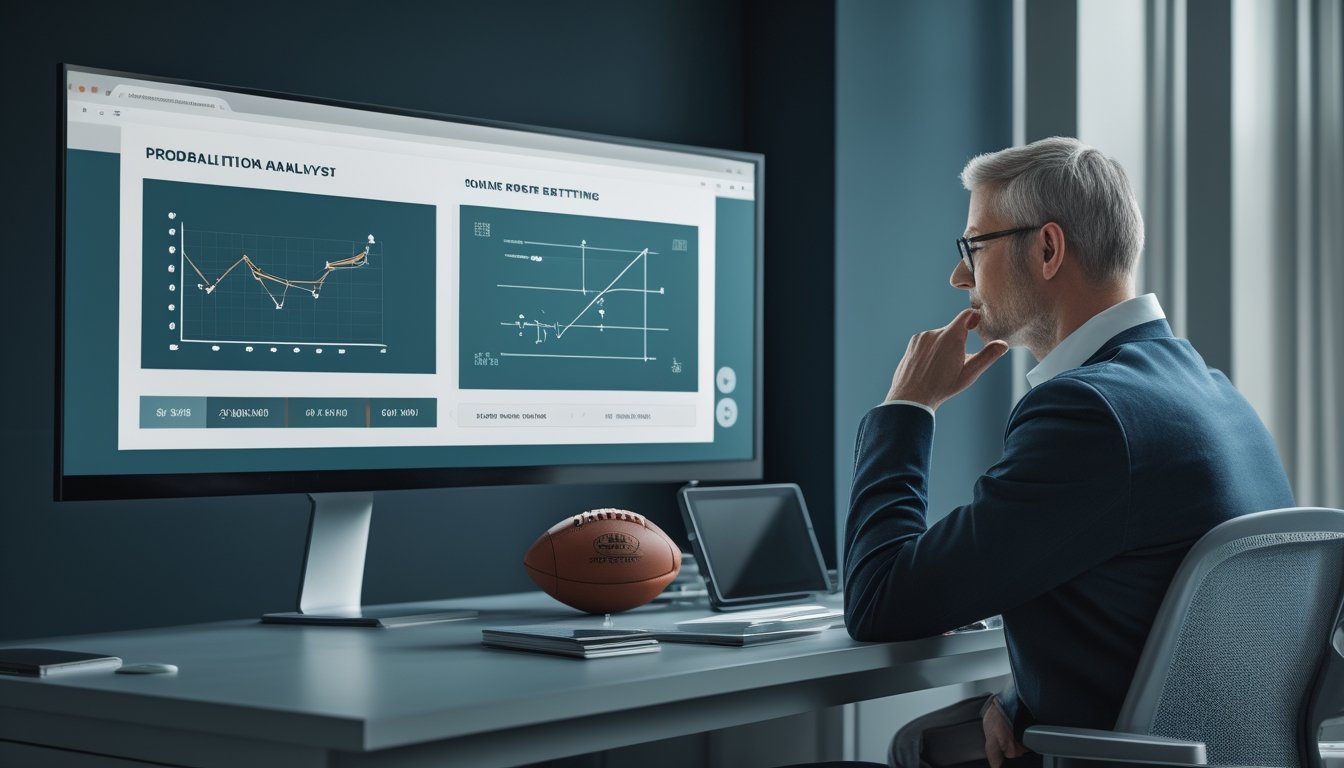 Seorang analis membandingkan pertandingan sepak bola dengan grafik probabilitas di meja kerja.
