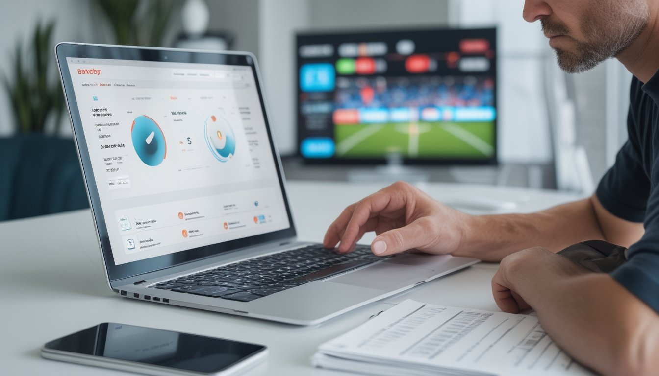 Seseorang memeriksa platform taruhan olahraga di laptop sambil membandingkan informasi dengan dokumen.