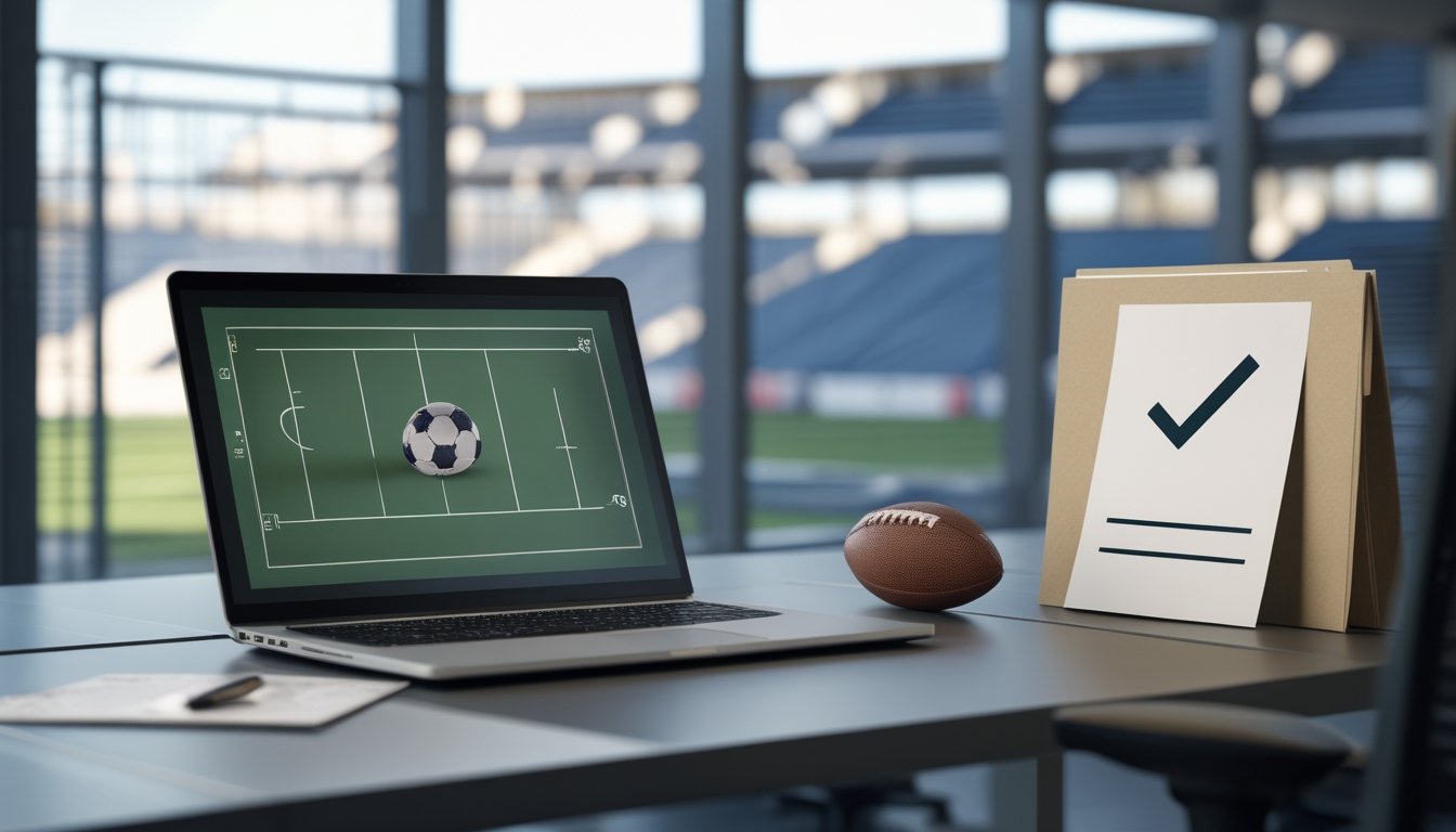 Meja kantor dengan laptop bergambar lapangan olahraga, bola kecil, dan dokumen.