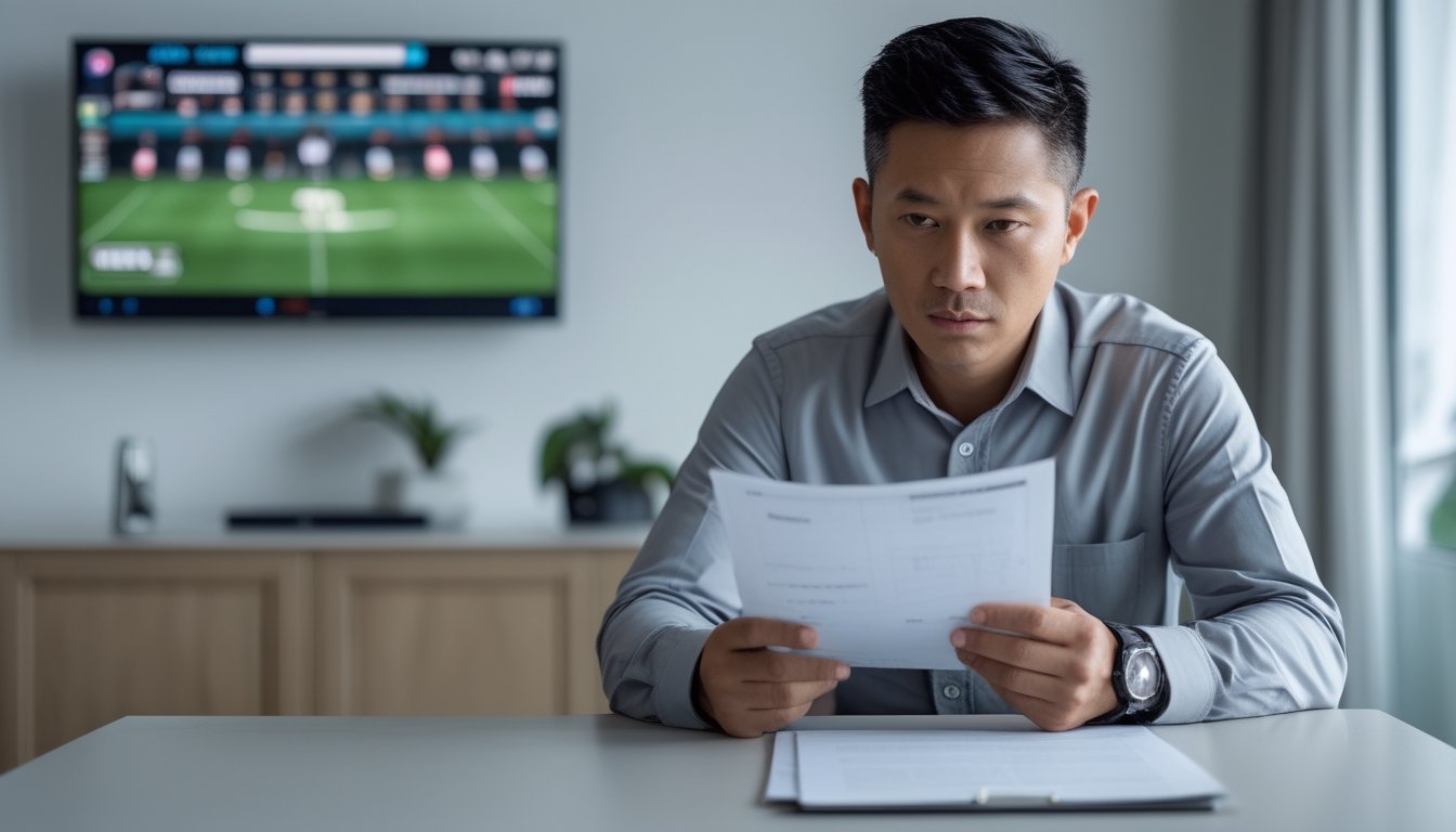 Seorang warga Indonesia memeriksa dokumen dan ponsel di meja, dengan pertandingan sepak bola terlihat samar di latar belakang.