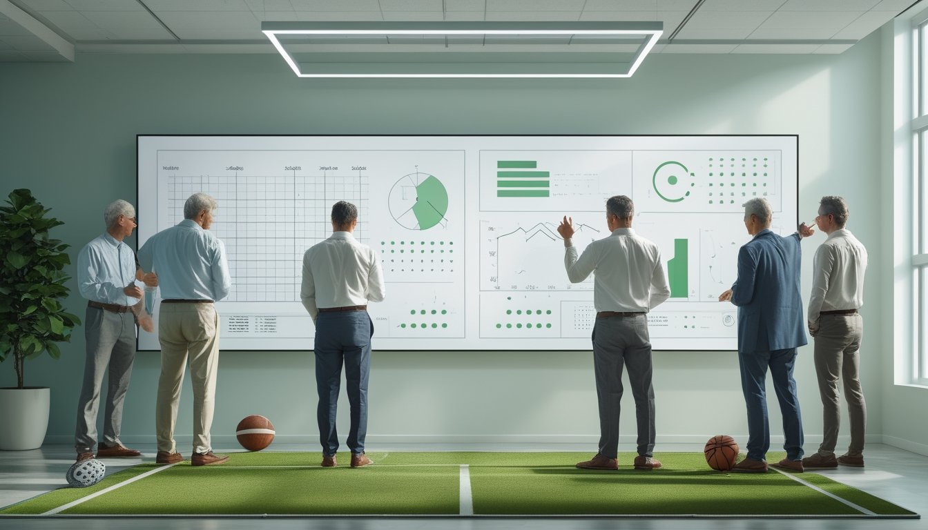 Sekelompok analis mempelajari grafik olahraga di ruang analisis, dengan bola sepak, bola basket, dan raket tenis di dekat mereka.