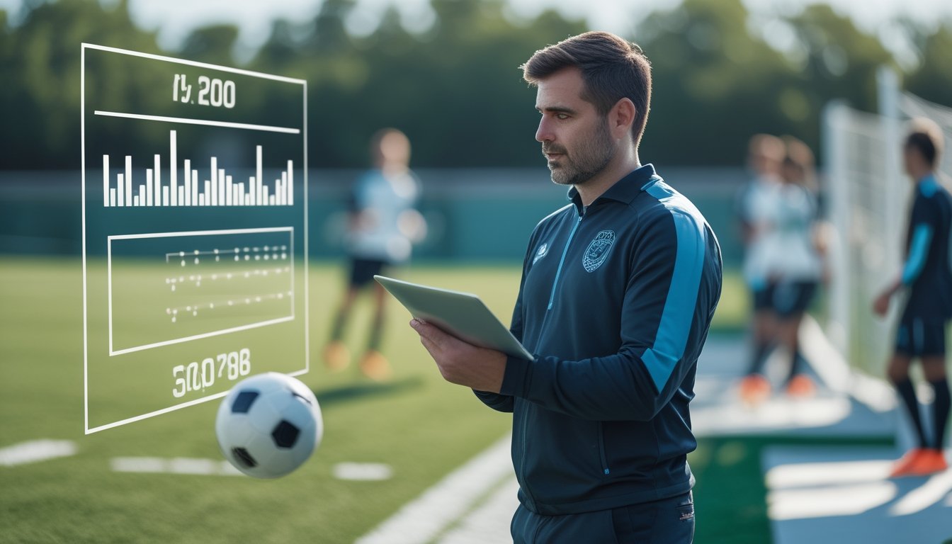 Seorang analis dan pelatih sepak bola meninjau grafik statistik sementara para pemain berlatih di lapangan.