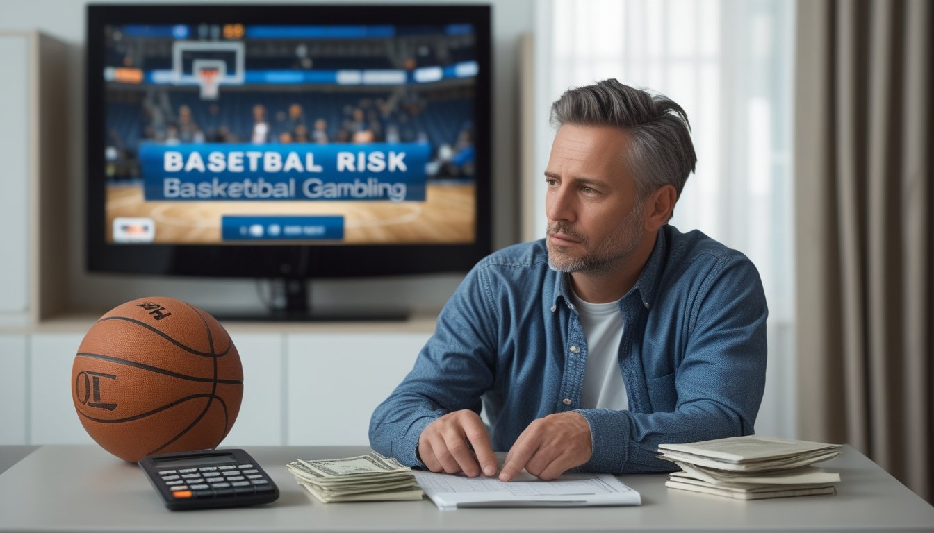 Seseorang meninjau keuangan di meja dengan bola basket dan pertandingan basket di latar belakang.