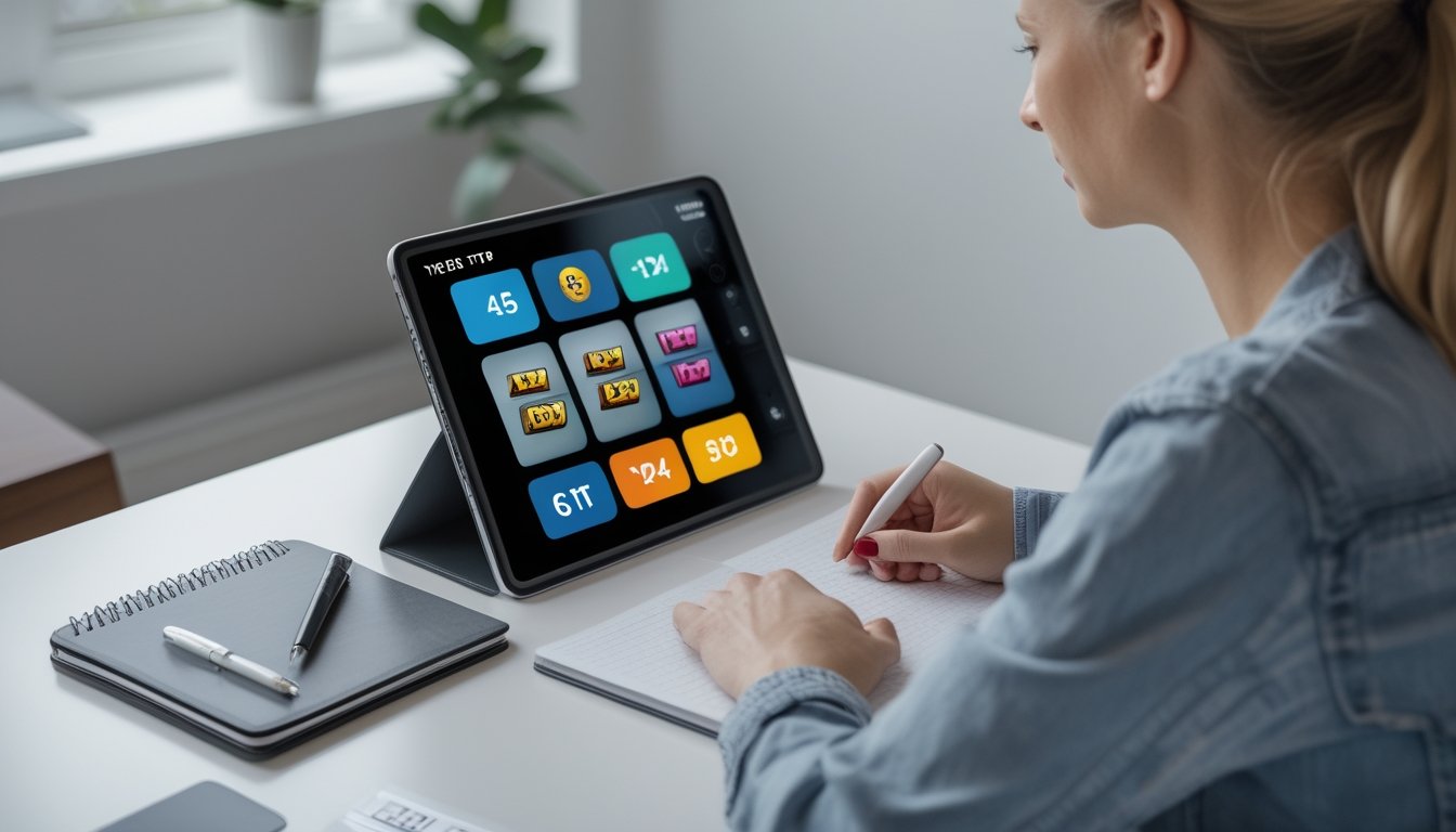 Seorang dewasa mempelajari antarmuka permainan slot di tablet dengan buku catatan dan kalkulator di atas meja.