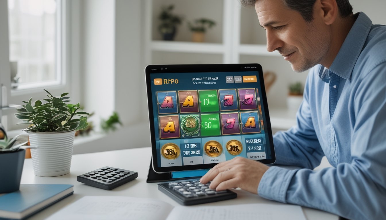 Seseorang mempelajari tampilan permainan slot di tablet dengan kalkulator dan buku catatan di meja.