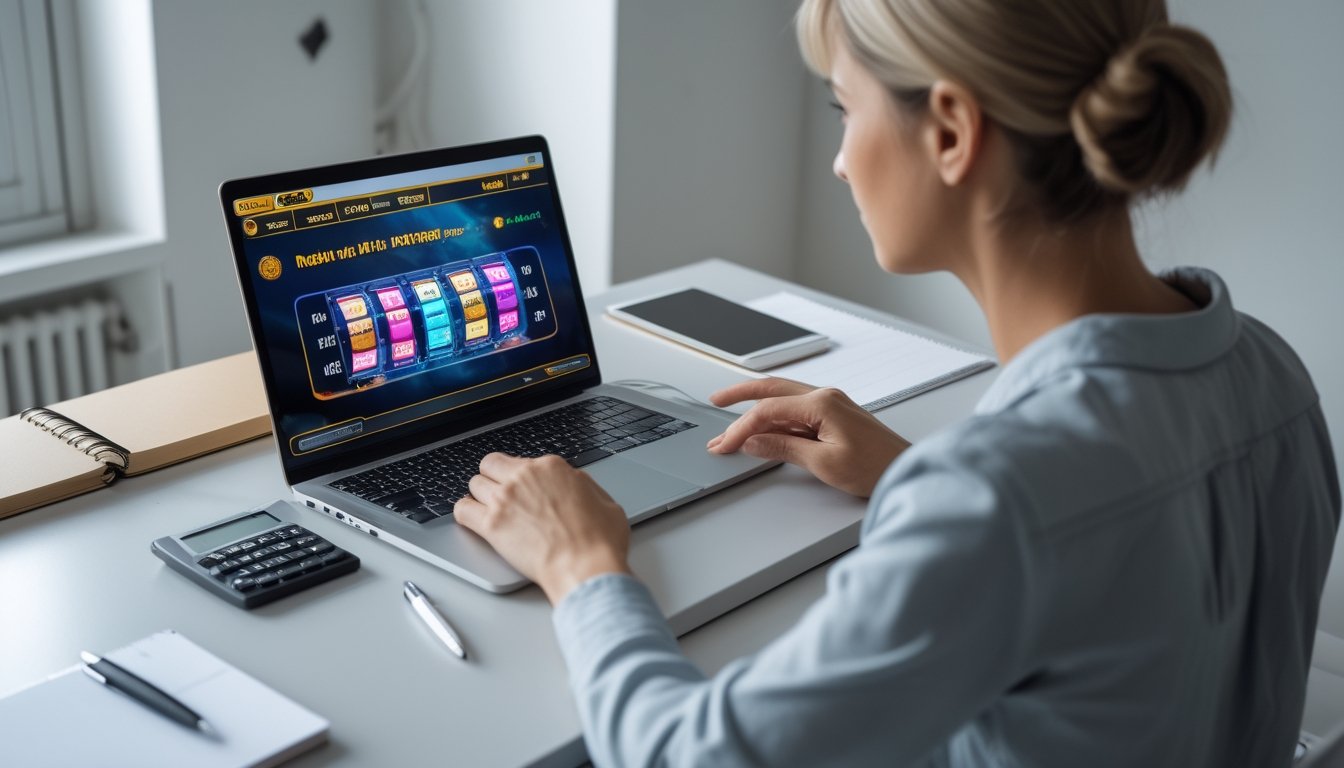 Seseorang meninjau permainan slot dan grafik sederhana di laptop.