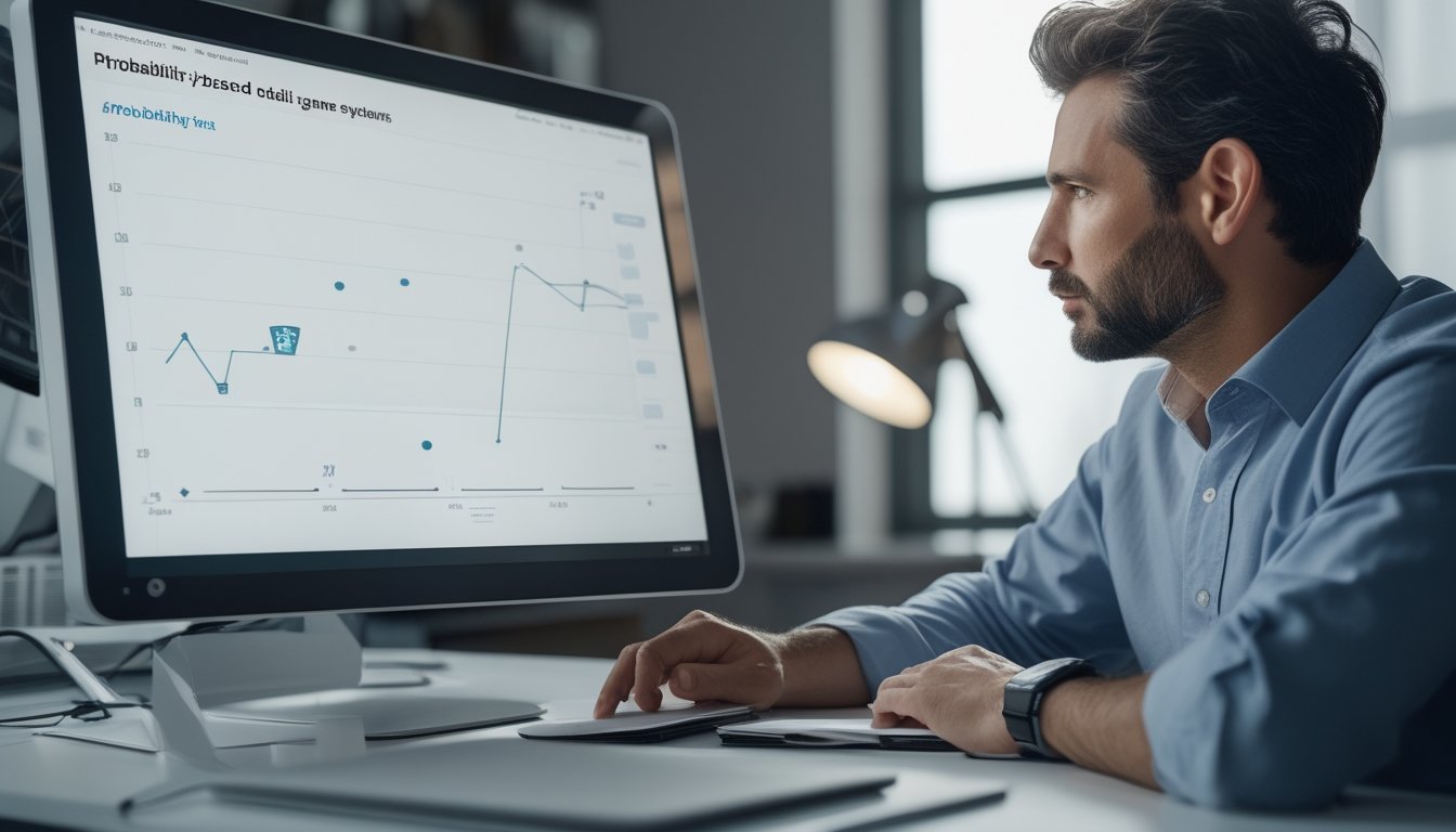 Seorang analis mempelajari grafik probabilitas pada monitor di meja kerja.