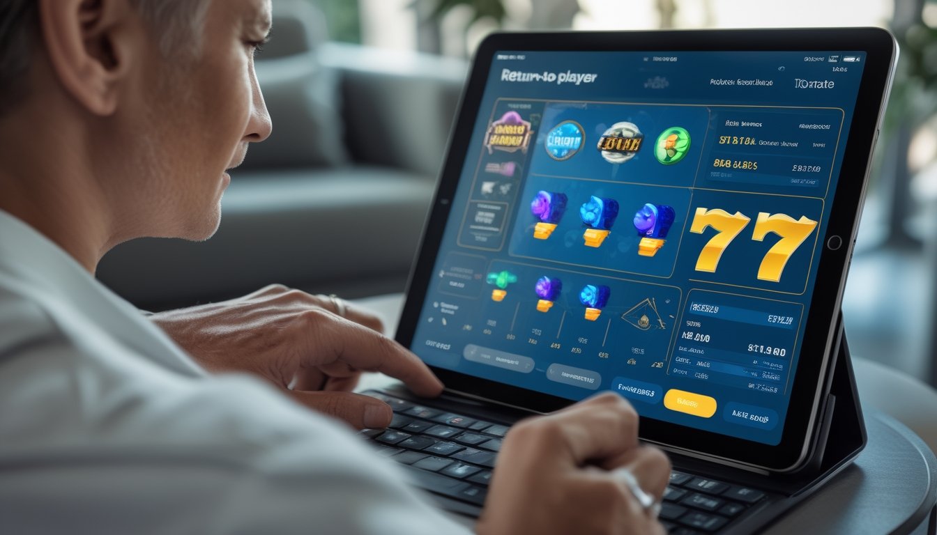 Seseorang mempelajari tampilan permainan slot di tablet.