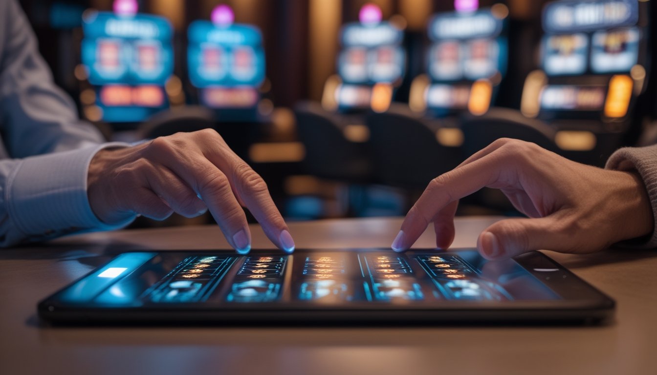 Seseorang membandingkan dua tampilan permainan slot di tablet.