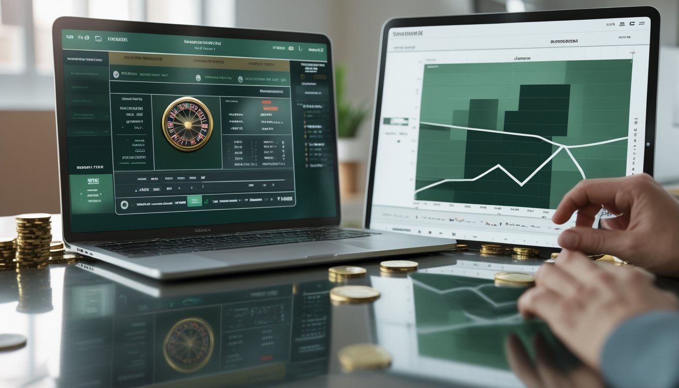 Seseorang membandingkan grafik peluang di tablet dengan permainan slot di laptop.