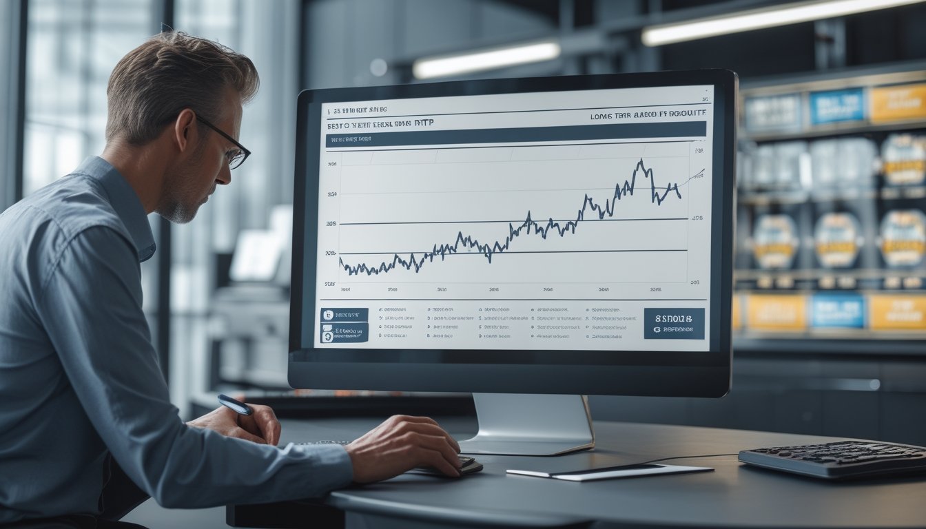 Seorang analis mempelajari grafik tren dan hasil yang berfluktuasi di layar komputer.