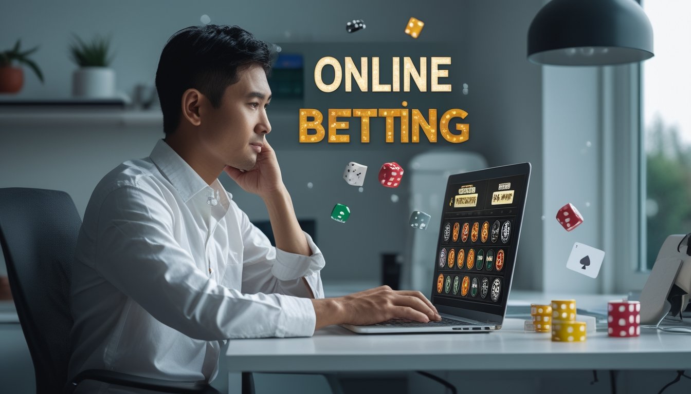 Seseorang melihat antarmuka permainan kasino di laptop dengan kartu, dadu, dan roda roulette di meja.