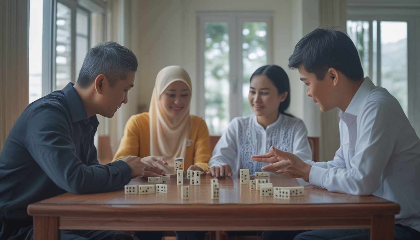 Sekelompok orang dewasa belajar bermain domino Ceme di sekitar meja.