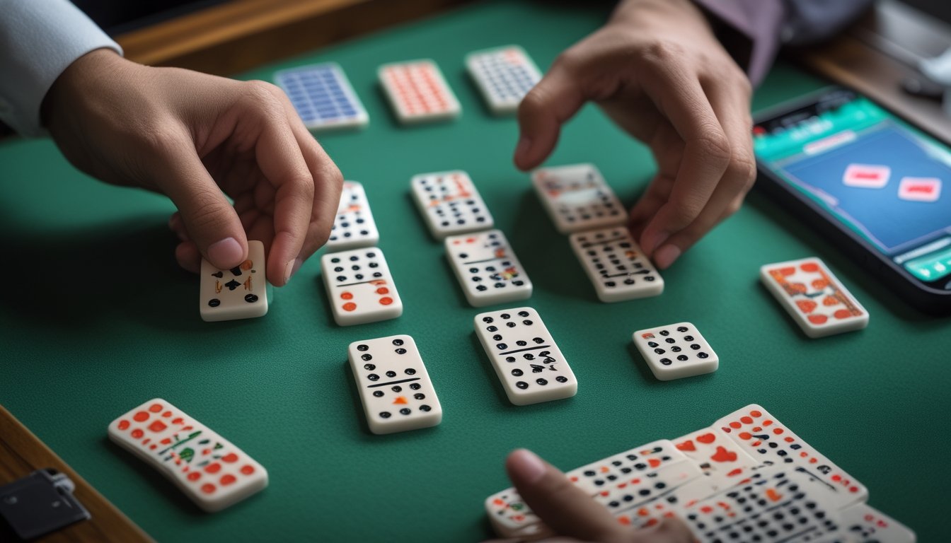 Dua pemain menyusun dan menghitung kartu domino di atas meja hijau.