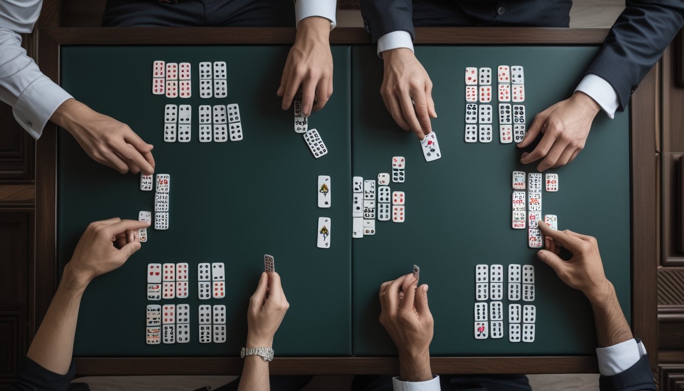 Dua pemain membandingkan susunan kartu dan keping domino di atas meja, dengan ponsel di sampingnya.