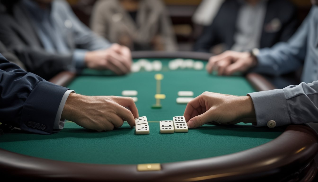 Dua tangan kartu domino ceme tersusun di atas meja, sementara para pemain mengamatinya.