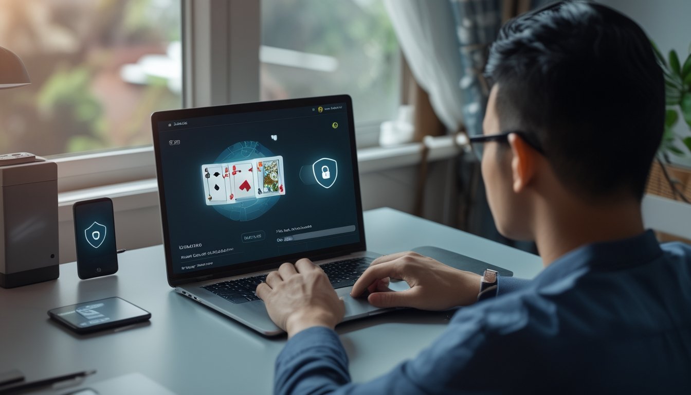 Seorang pemain menggunakan laptop untuk bermain kartu online dengan simbol perlindungan digital.