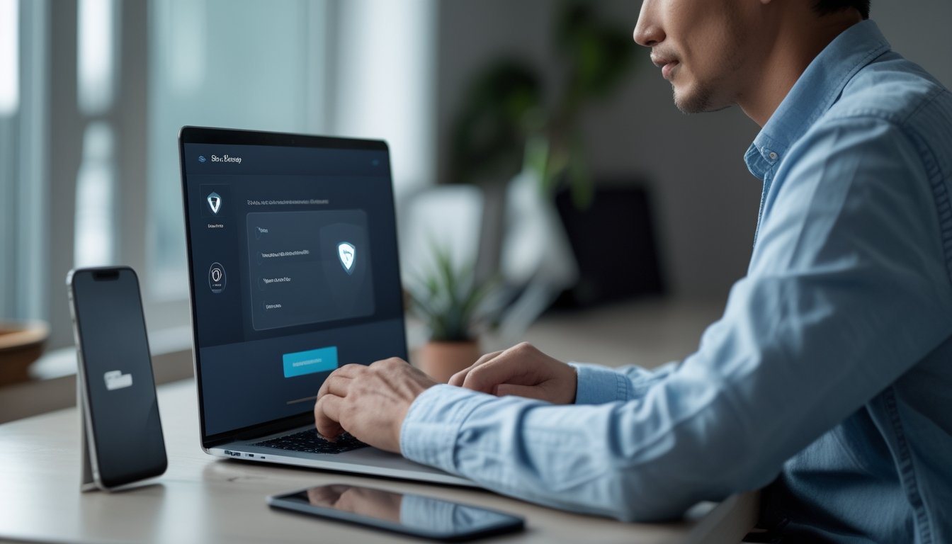 Seseorang menggunakan laptop untuk bermain Ceme online dengan simbol keamanan di layar.