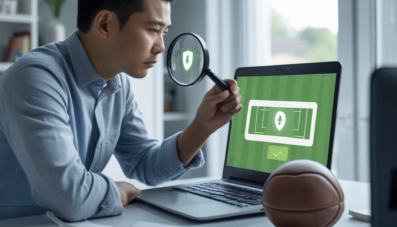 Seorang pria memeriksa platform taruhan sepak bola di laptop dengan kaca pembesar.