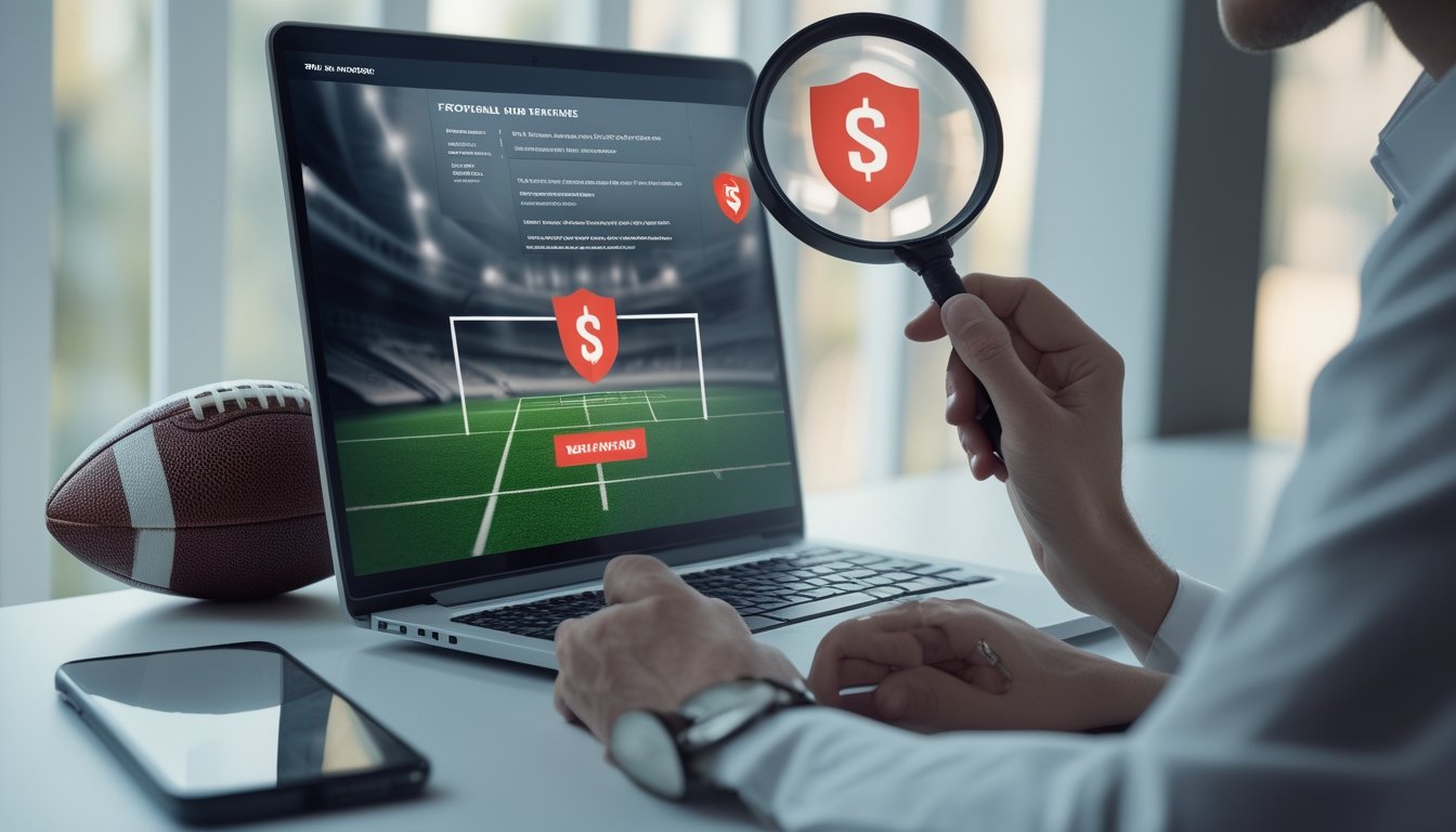Seseorang memeriksa situs taruhan bola mencurigakan di laptop dengan kaca pembesar dan simbol peringatan.