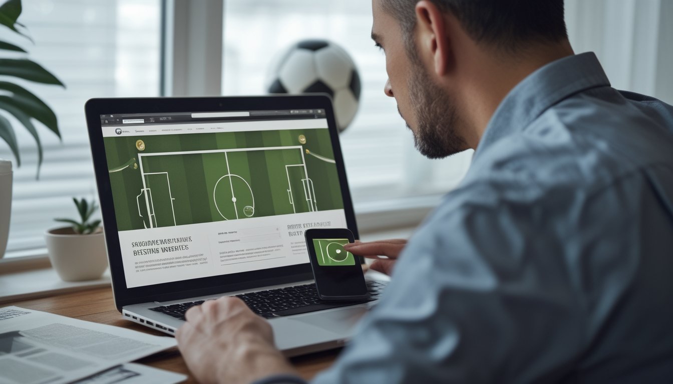 Seseorang memeriksa situs taruhan sepak bola yang mencurigakan di laptop.