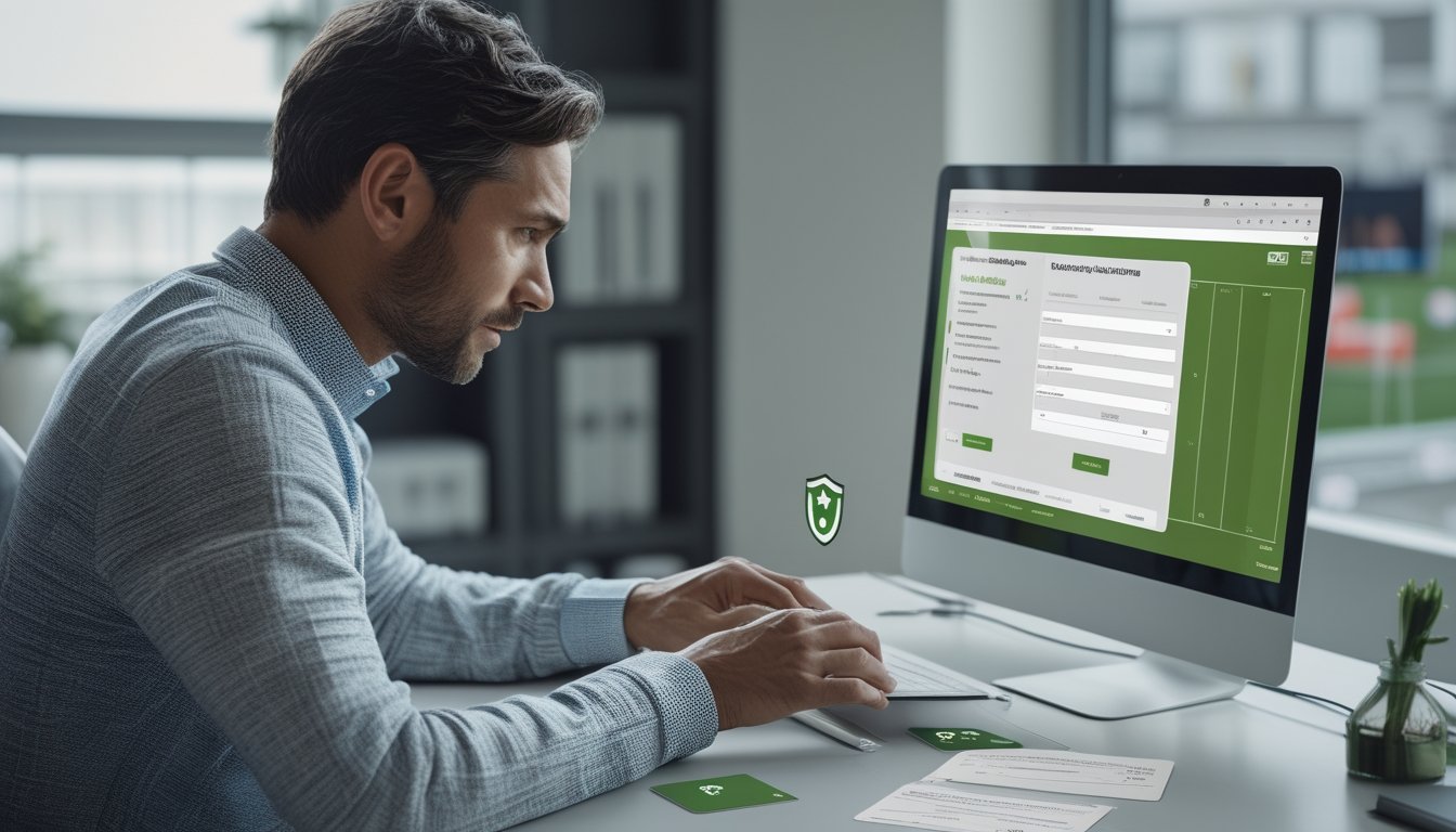 Seseorang memeriksa proses verifikasi akun di laptop dengan dokumen pribadi di meja.