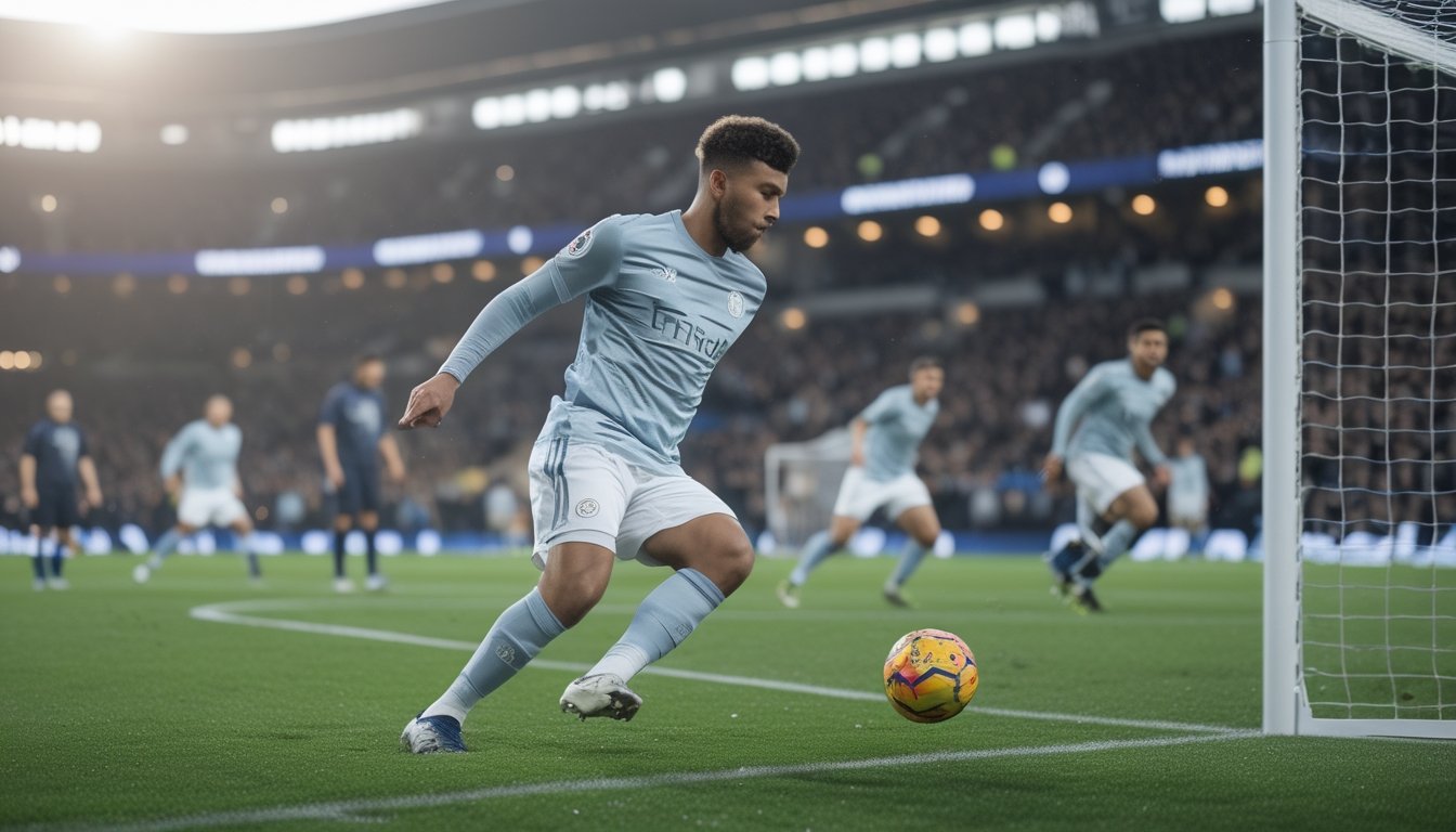 Seorang pemain sepak bola menendang bola ke arah gawang saat penjaga gawang bersiap menghadang.