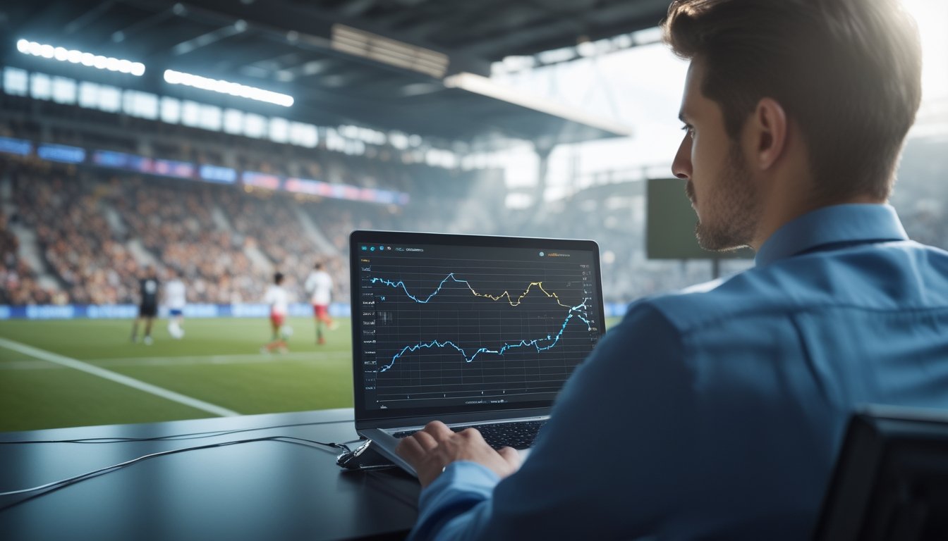 Seseorang menganalisis grafik odds di laptop saat pertandingan sepak bola berlangsung di stadion.
