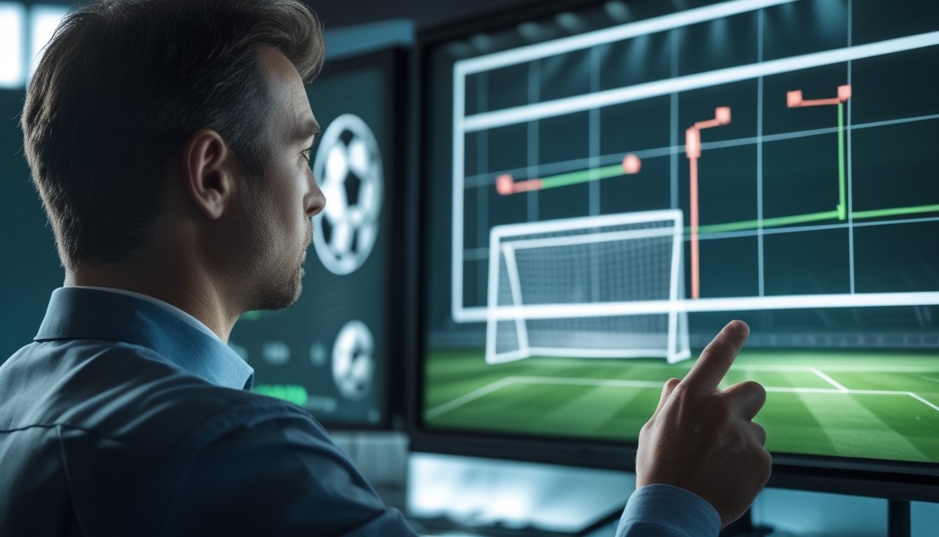 Seorang analis mengamati grafik perubahan peluang pertandingan sepak bola.