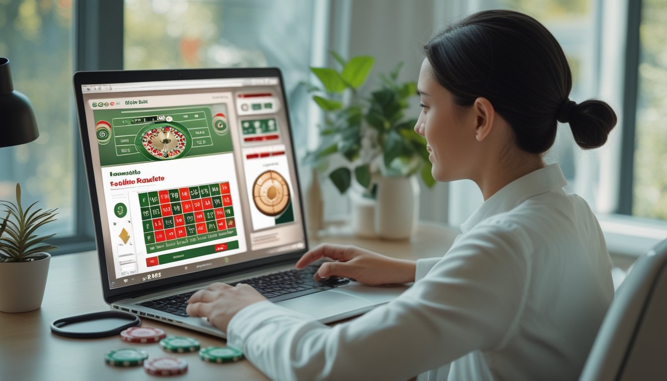 Seorang pemula mempelajari permainan roulette di laptop dengan beberapa keping taruhan di atas meja.