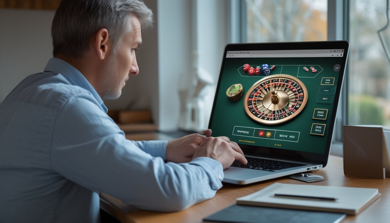 Seseorang mempelajari permainan roulette di laptop sambil membuat catatan.