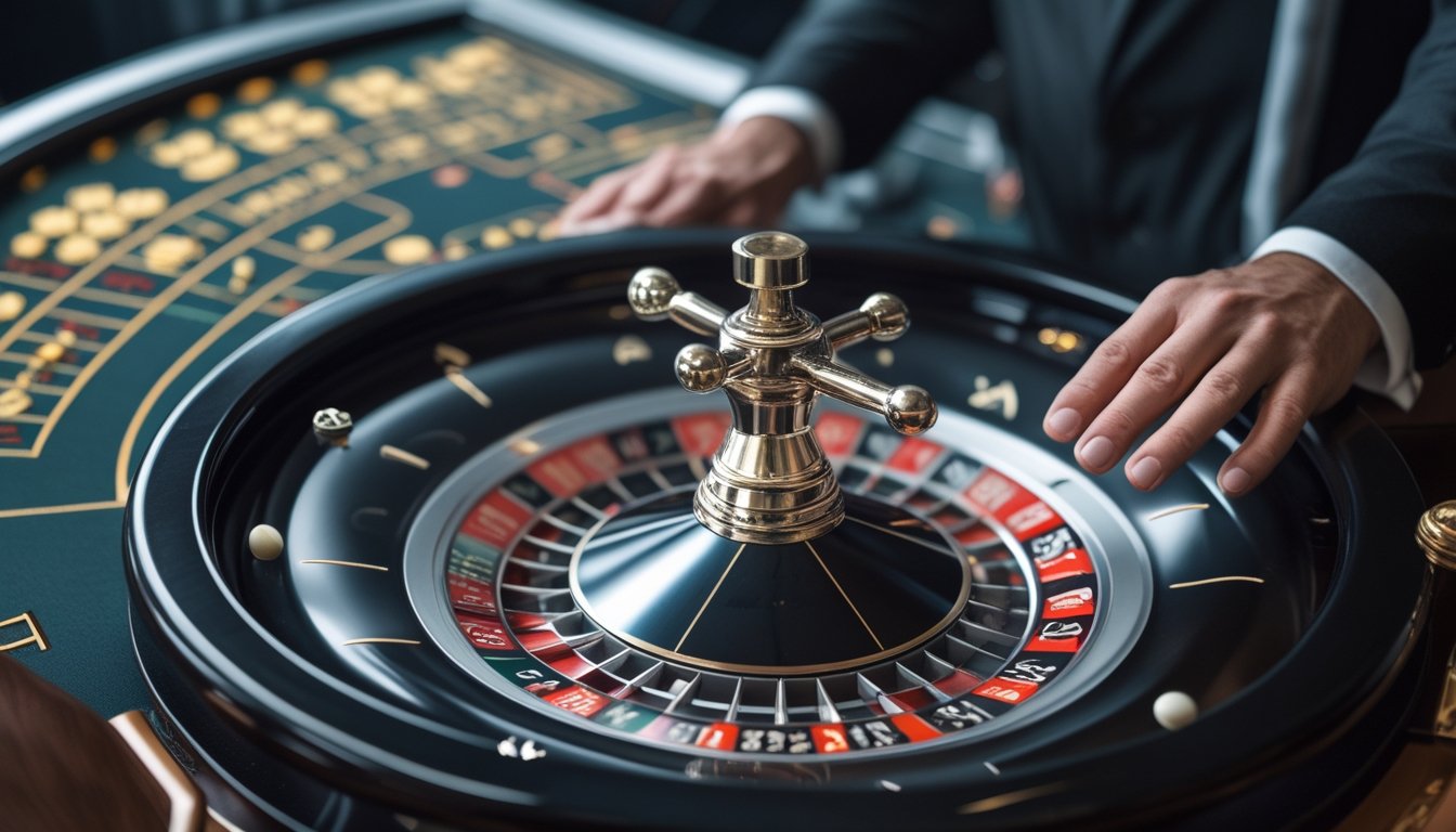 Bola roulette berputar mengelilingi roda di meja permainan.