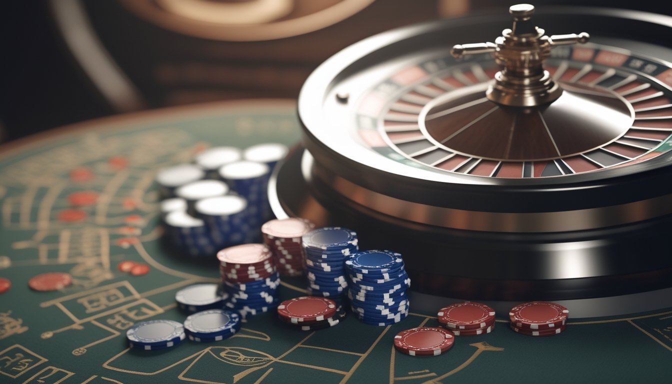 Roda roulette dengan beberapa keping taruhan di sampingnya.
