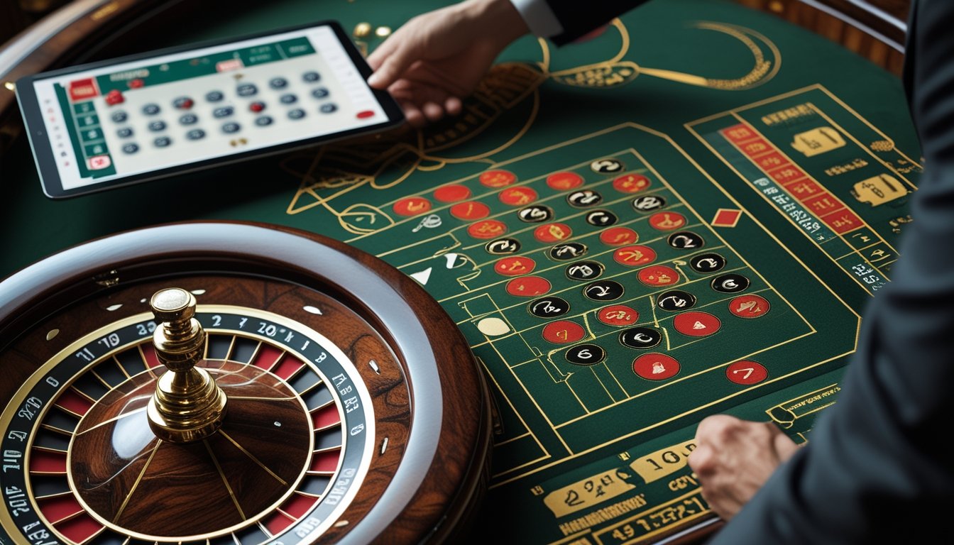 Seseorang menggunakan tablet di samping roda roulette di meja kasino.