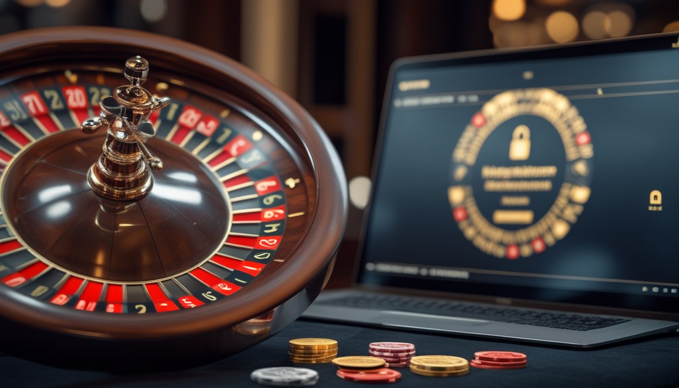 Roda roulette dan keping taruhan di samping perangkat digital dengan simbol keamanan.